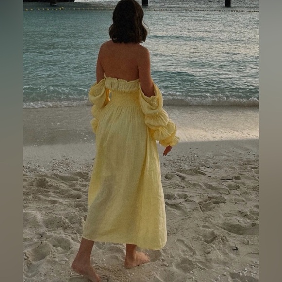 Yellow Puff-Sleeve Square-Neck Midi Dress - Picture 3 of 5
